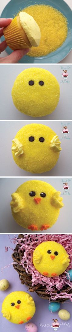 three pictures showing how to make an easter chick