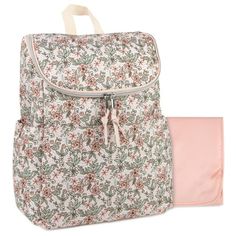 a floral backpack with pink lining on the side and an open pocket for storage in front