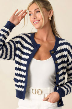 Experience comfort and style with our Whispered Comfort Navy Stripe Button Front Cardigan! Made with soft and cozy fabric, this cardigan will keep you warm while making a statement with its bold navy stripes. The button front design adds a touch of sophistication to any outfit. Take a risk and embrace ultimate comfort with this must-have piece! Sweater Texture, Take A Risk, Free Scarf, Cozy Fabric, Button Front Cardigan, Gold Accent, Outfit Inspo Fall, Navy Stripes, Front Design