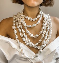 White Baroque Pearl Necklace • 48'' Long• No clasp Luxury Statement Mother Of Pearl Necklace, Luxury Statement Jewelry With Baroque Pearls, Luxury Pink Baroque Pearl Necklace, Luxury White Statement Necklace, Pearls Aesthetic, Pearl Jewlery, White Baroque Pearl Necklace, Chunky Pearl Necklace, Triple Layer Necklace