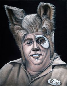 a drawing of a man with a dog's head painted on his face