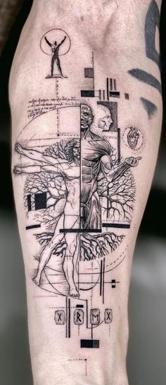 a man's leg with a tattoo on it that has an image of a person holding a cross