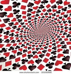 playing cards are arranged in the shape of a spiral, with hearts and spades