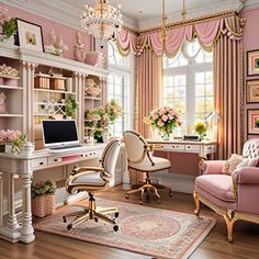 a room with pink walls, white furniture and flowers on the window sills