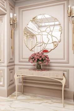 a vase with flowers sitting on top of a table in front of a large mirror