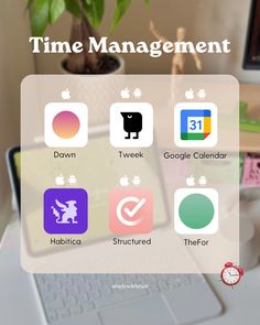 the time management app is displayed on a computer screen, with icons for different tasks