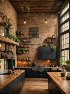 an industrial style kitchen with brick walls and wooden counters, black cabinets, and open shelving