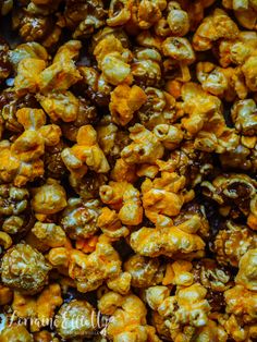 close up view of caramel popcorn kernels