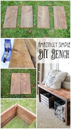 diy bench made out of pallets and wood planks with text overlay that says amazing simple diy bench