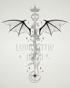 a black and white drawing of two dragon wings on top of a cross with flowers