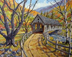 a painting of a covered bridge in the fall with trees and rocks on either side