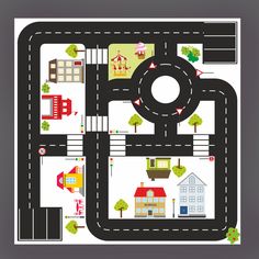 a black and white road map with cars, houses, trees and buildings on it