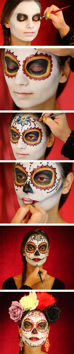 How do we celebrate the Day of the Dead? With a lot of spirit and a lot of style! Click to view the full video tutorial :) Bodysuit Tattoos, Halloween Makeup Sugar Skull, Fantasy Make-up, Halloweenský Makeup, Dead Makeup, Day Of The Dead Party, Den Mrtvých, Halloween Fest, Sugar Skull Makeup