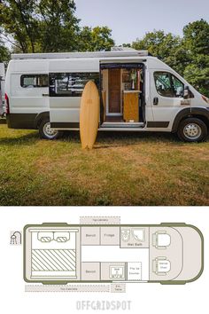 an image of a camper van with surfboard in the door and floor plan