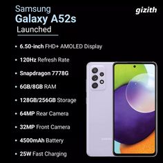 an advertisement for the samsung galaxy a52s launched in india, with price and features