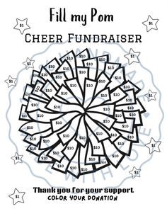 the fill my pom cheer fundraiser is shown in black and white with stars around it