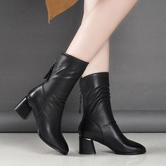 New Women's Leather Boots Thick Heel Black And Velvet British Style High Heel Boots G7413 from Eoooh❣❣ Boots Patterns, Good Photos, Rounded Toe Boots, New Anime, Leather Boots Women, Black Boots Women, Fashion High Heels, Women Boots, Thick Heels