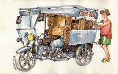 a drawing of a man standing next to a motorcycle with a cart on the back