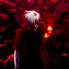 an anime character standing in the dark with red lights on his face and hands behind him