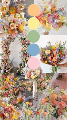 a collage of photos with different flowers and colors in the same photo, including oranges, pinks, yellows, and blue