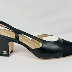 Chanel Slingback Cap Toe Heel Black/Black Goatskin - Grosgrain Size 37 2.6" Heel New In Box. Never Worn. Pristine Condition. Comes With Box, Dustbags (Camelia Ribbon And Bag Upon Request) **All Items Are 100% Authentic ** Same/Next Day Shipping Chanel Slingback Outfit, Chanel Slingback Shoes, Chanel Heels, Chanel Slingback, Shoes Chanel, Two Strap Sandals, Slingback Shoes, Heels Black, Starter Pack