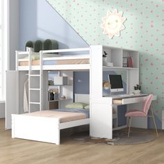 a child's bedroom with bunk bed, desk and chair