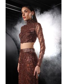 Copper Mermaid Lehenga Set | Copper Lehenga Set | Bora Honey's – B Anu Designs Brown Indian Outfit, Lehenga With Trail, Copper Lehenga, Choli Cut Blouse, Mermaid Lehenga, Indian Bridal Couture, Wedding Bride Dress, Copper Fabric, Feather Cape