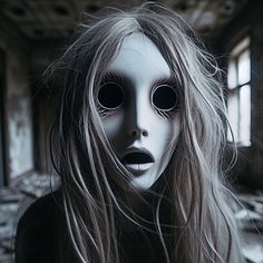 a woman with white makeup and long hair wearing a creepy mask in an abandoned building