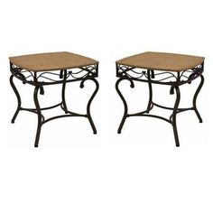 a pair of tables with wicker tops