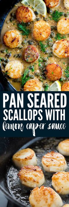 pan seared scallops with lemon and caper sauce in a cast iron skillet