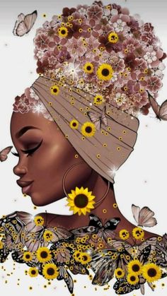 a woman with sunflowers and butterflies on her head