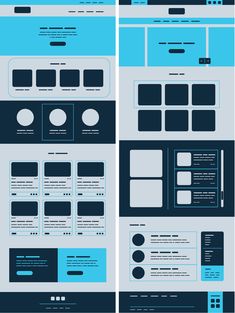 three different webpage layouts in blue and black