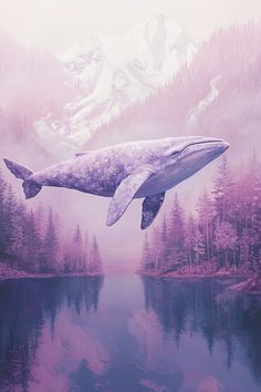 a painting of a humpback whale floating in the air over a body of water