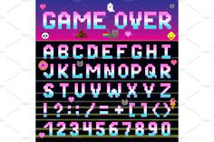 an old school computer font and numbers set up in the style of video game pixel art