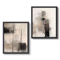 two framed art pieces, one with black and white paint on the wall next to each other