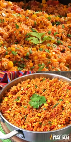 two pans filled with food sitting on top of a table next to each other