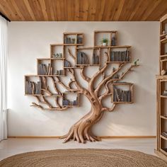 a wooden tree with bookshelves on the wall and a rug in front of it