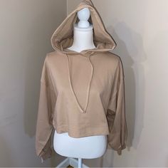 Summer Tan Cropped Style Puffy Sleeve Hoodie Sweatshirt Comes In Size Small, Medium, Large, And X-Large 100% Cotton Trendy Hooded Top With Cozy Fit, Trendy Tops With Drawstring Hood And Cozy Fit, Hooded Cream Tops For Loungewear, Cream Hooded Tops For Loungewear, Basic Oversized Hoodie For Spring, Cream Hooded Loungewear Top, Basic Hooded Tops For Winter, Basic Winter Hoodie Tops, Basic Hooded Sweater For Fall