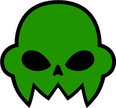 a green alien head with black eyes and fangs on it's face is shown