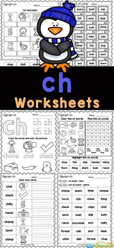 a penguin worksheet with the words ch and an image of a penguin on it