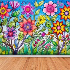 This colorful bohemian wildflower wallpaper mural will transform any room into a magical fantasy garden! It would also make an amazing video or photo backdrop. Add a fun and unique accent wall to your work, living or kids space without all the time, hassle and mess of paint or traditional wallpaper!  Our canvas textured peel and stick wallpaper murals will QUICKLY and EASILY transform any wall, or other flat surface, into a stunning and amazing art display!  REMOVABLE and REPOSITIONABLE, our premium commercial grade vinyl wallpaper is extremely durable and easy to install. Perfect for anyone who wants a fast and easy transformation! It is also perfect for renters or people who move a lot. It can be taken down and put back up at your new place! Just save the backing paper, or use parchment Whimsical Floral Nursery, Textured Peel And Stick Wallpaper, Wildflower Mural, Unique Accent Wall, Wildflower Wallpaper, Floral Wallpaper Nursery, Boutique Window, Funky Wallpaper, Flower Mural