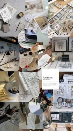 a collage of architectural drawings and photos