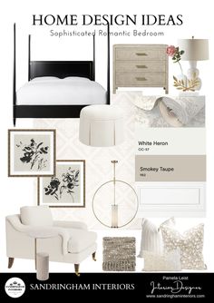 a bedroom with white furniture and decor on the walls, along with black and white accessories