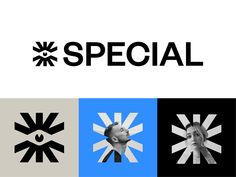 the words special are in black, white and blue with an image of a woman's face