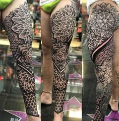 the legs and thighs of a woman with intricate tattoo designs on her leg are shown