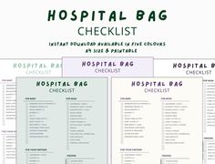 the hospital bag checklist is shown in three different colors and font options for each item