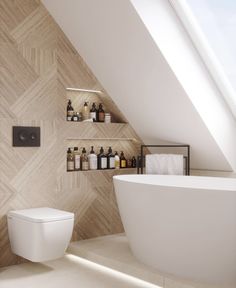 a white toilet sitting under a bathroom window next to a bathtub and shelves filled with bottles