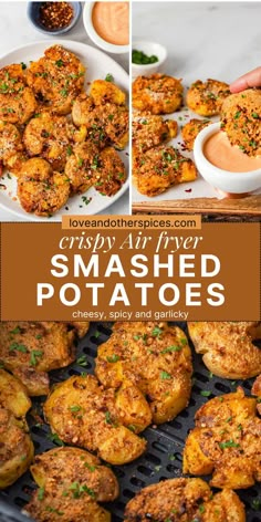 baked smashed potatoes on a grill with dipping sauce in the background and text overlay that reads crispy air fryed smashed potatoes