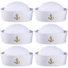 six white hats with gold anchors on them