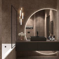 a bathroom with a sink, mirror and bathtub in the center is illuminated by lights